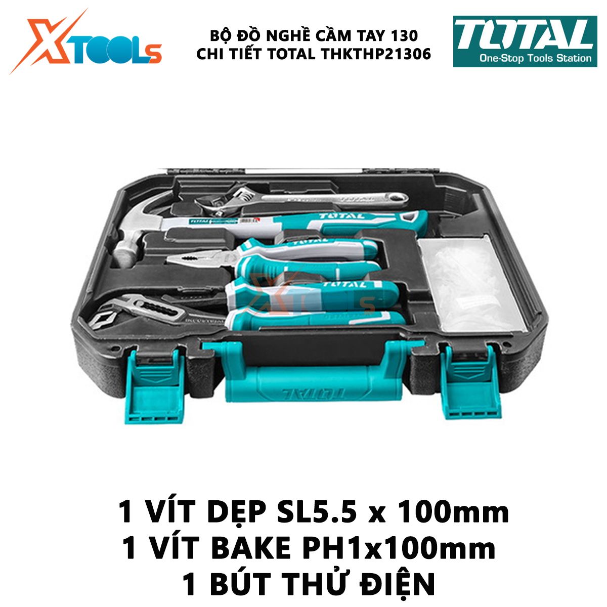 Bộ đồ nghề cầm tay 130 chi tiết TOTAL THKTHP21306 | bộ 117 dụng cụ cầm tay gồm thước cuộn, tua vít, khung cưa sắt nhỏ, kềm cắt...