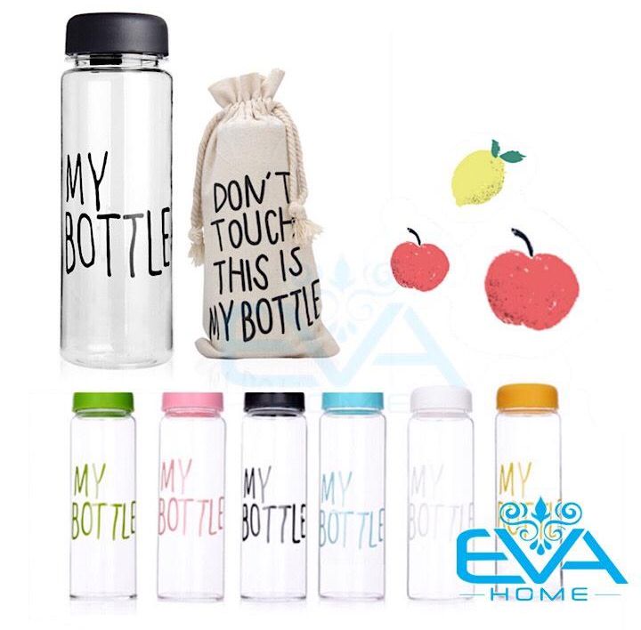 Bình Nước Thủy Tinh In Chữ Kèm Túi Vải Đựng My Bottle Nhiều Màu 500ml