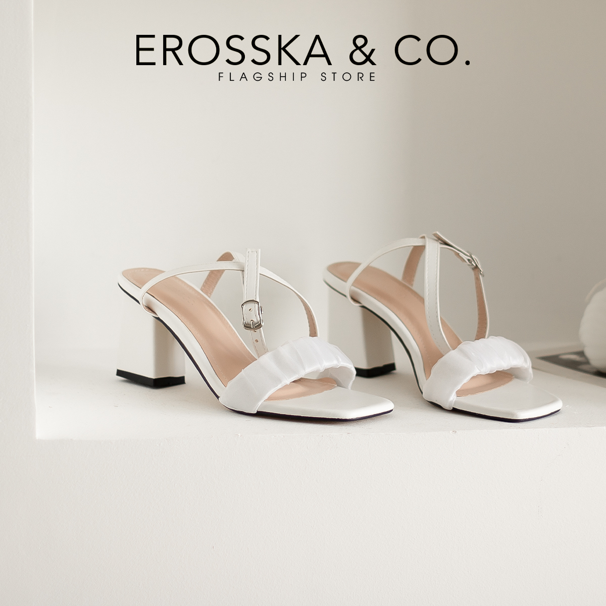 Erosska - Giày sandal cao gót nữ quai nhún phối dây quai mảnh cao 7cm màu trắng - EB050