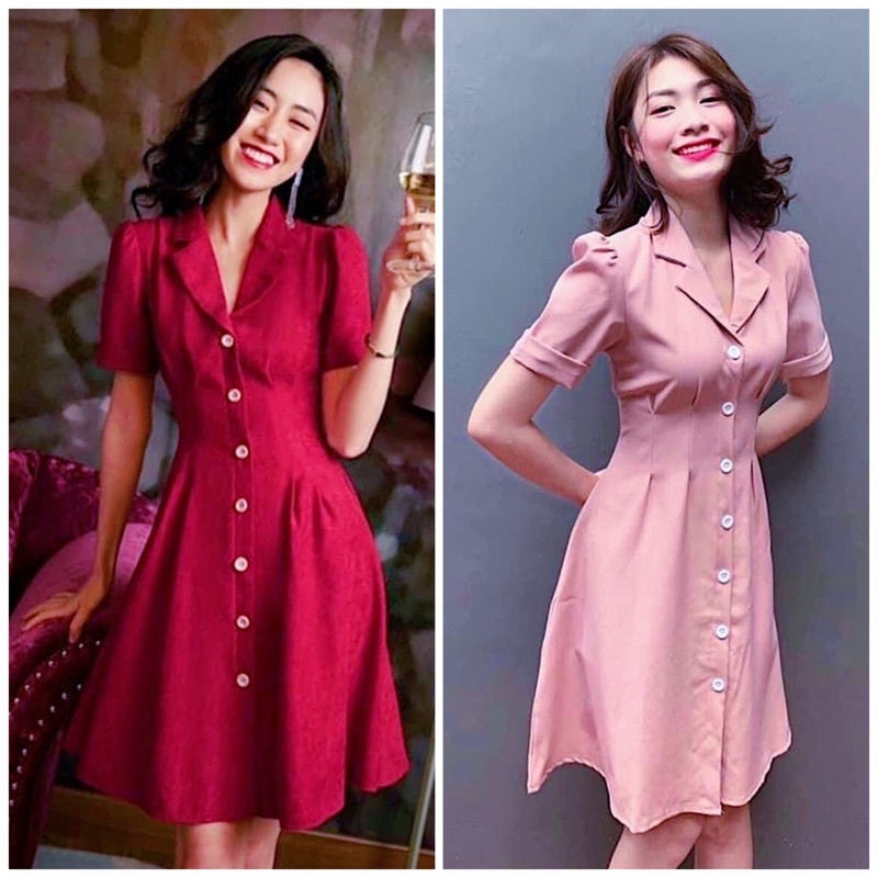 Đầm váy cổ vest nút trắng 2 màu