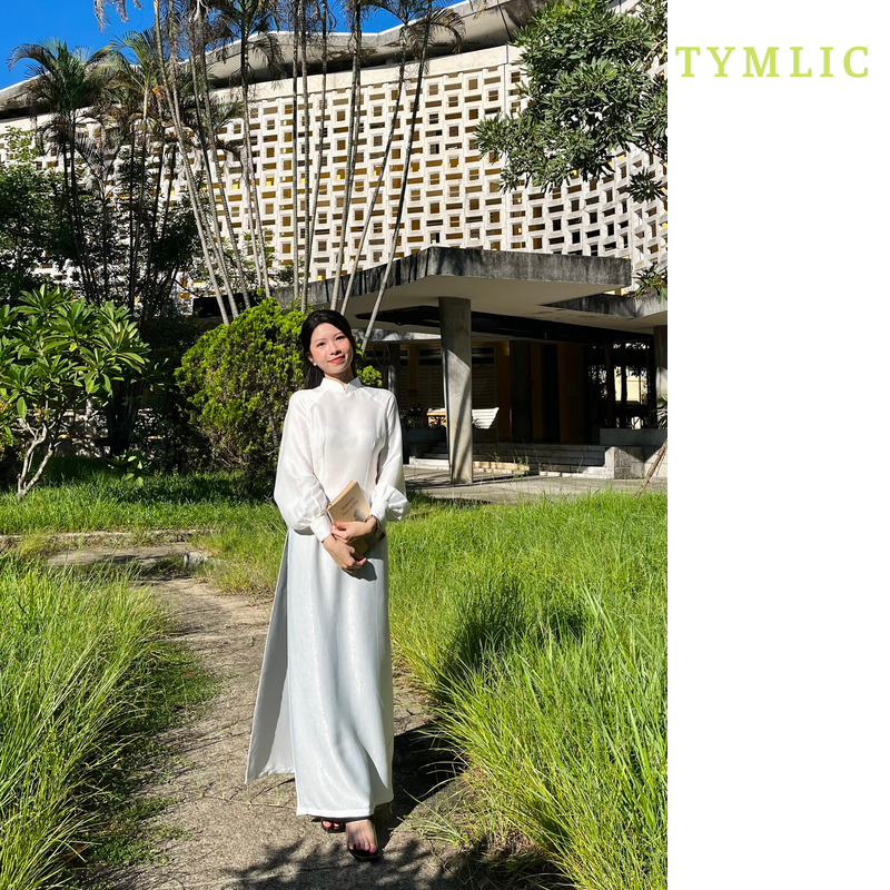 Áo Dài Lụa Tay Phồng Nút Ngọc Màu Trắng TYMLIC (Không kèm quần)