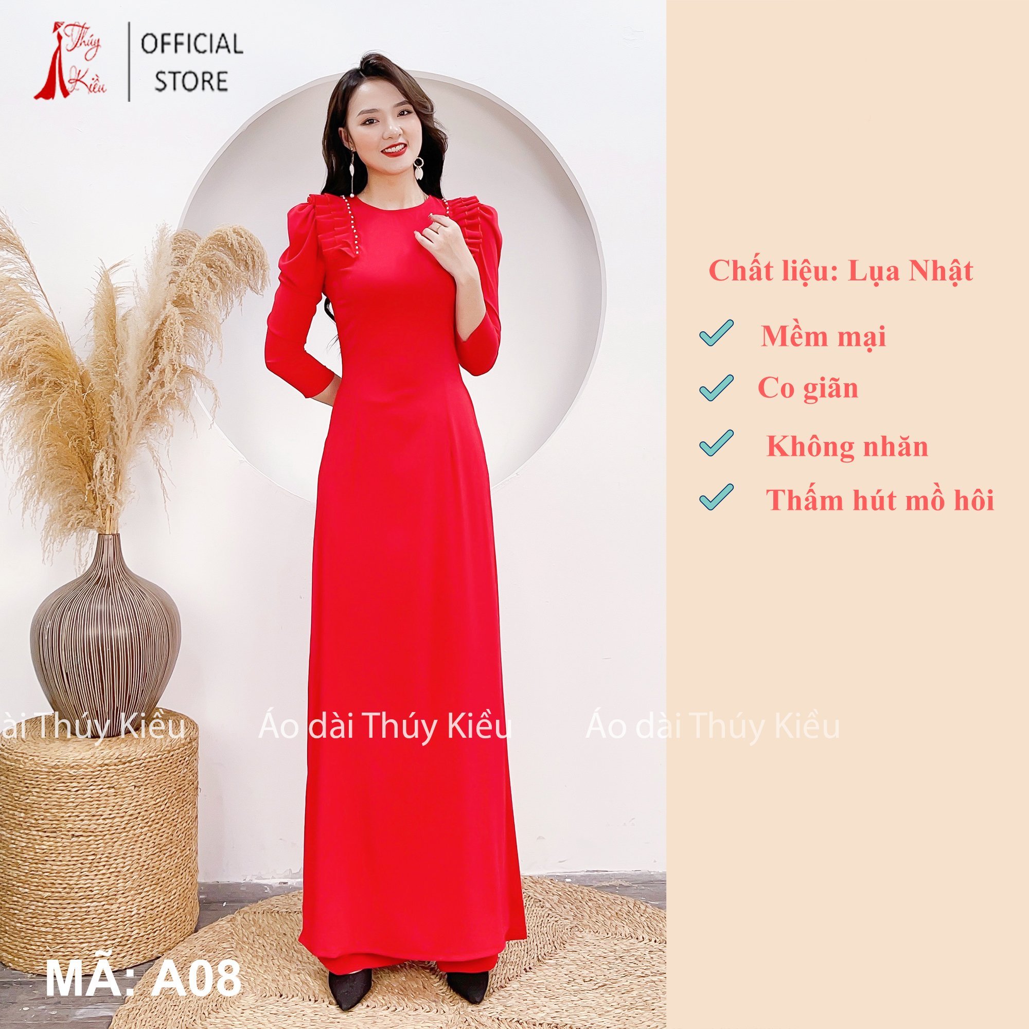 A08 Áo dài lụa Nhật tay bồng xếp ly đính ngọc màu đỏ