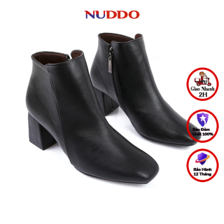 Giày boot nữ cao cấp NUDDO dáng bốt cổ ngắn mũi vuông gót vuông 5 phân da thumbnail