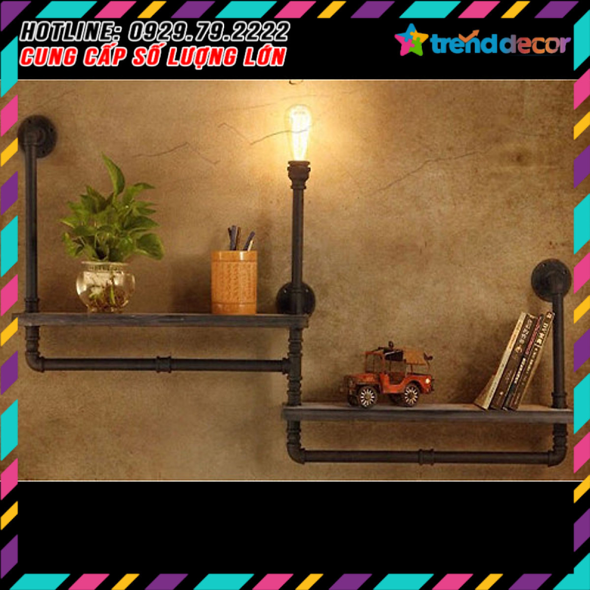 [HCM]kệ ống nước kệ sách Kệ treo tường kiêm đèn vintage chất liệu ống sắt sơn nội thất ống nước trang trí