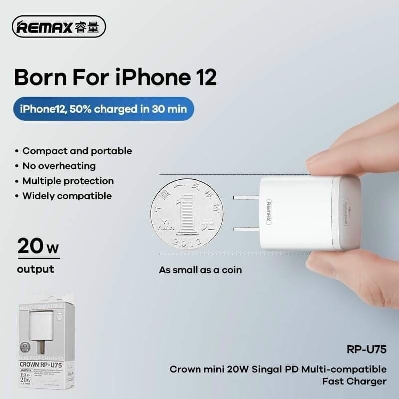 Củ cốc sạc nhanh PD 20 W chính hãng Remax cho IPhone 12  12 Pro Max 11 Pro Max siêu nhỏ gọn