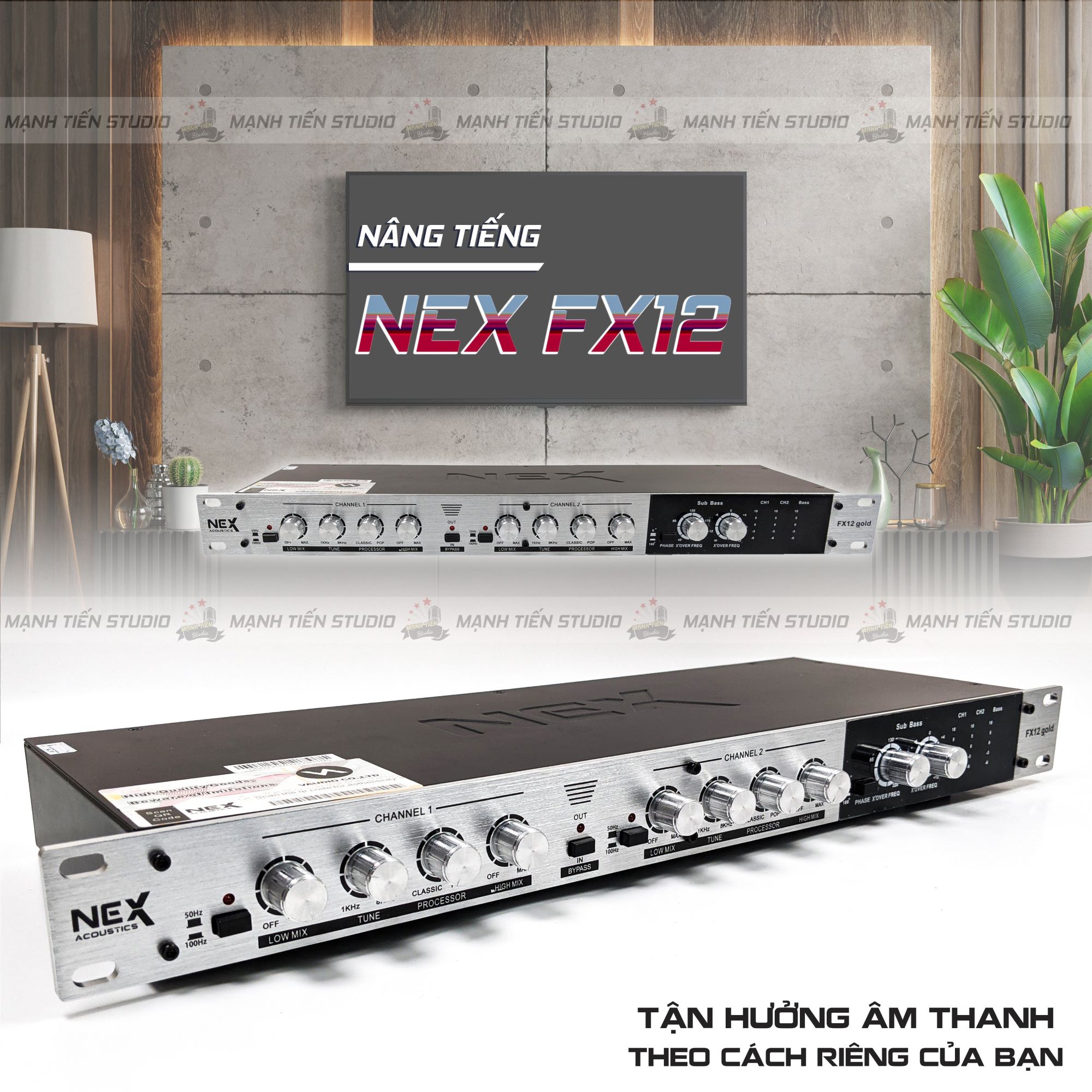 Nâng tiếng nex acoustic fx12 gold - thiết kế kim loại cao cấp, đèn led nổi bật, thiết bị nâng tiếng chuyên nghiệp, âm thanh sống động hơn, treble trong trẻo, bass cực mạnh, full chức năng, đầy đủ kết nối