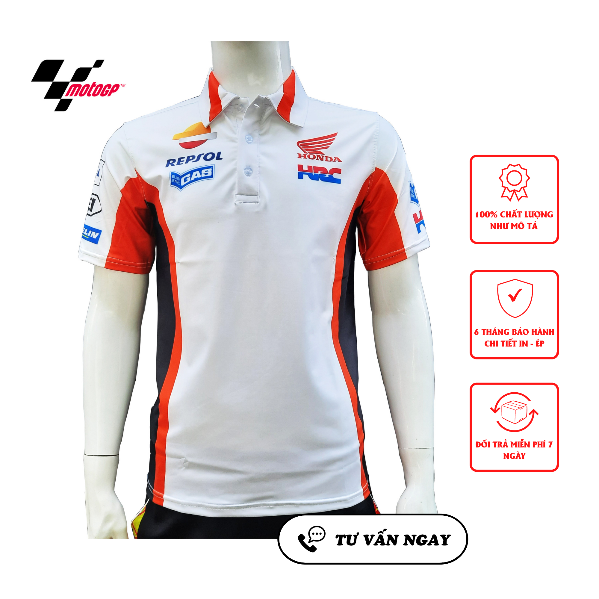 Áo thun nam có cổ te xe MOTO HONDA TRẮNG - AXHDT2 họa tiết in sắc nét, co giãn, thấm hút