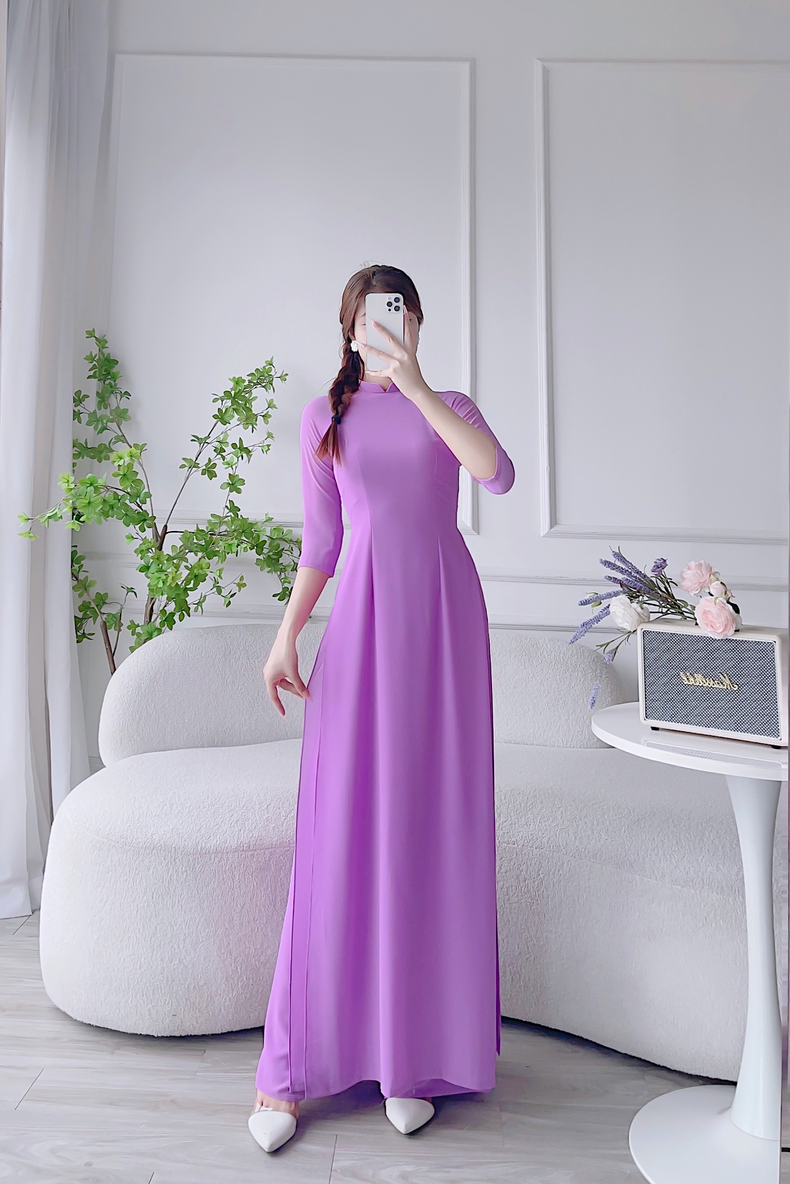 Áo dài tím, áo dài trơn lụa chi phông 4 tà MÃ T22