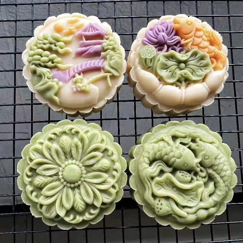 Khuôn trung thu lò xo 4 mặt hình hoa 150gr dùng làm bánh trung thu, bánh in