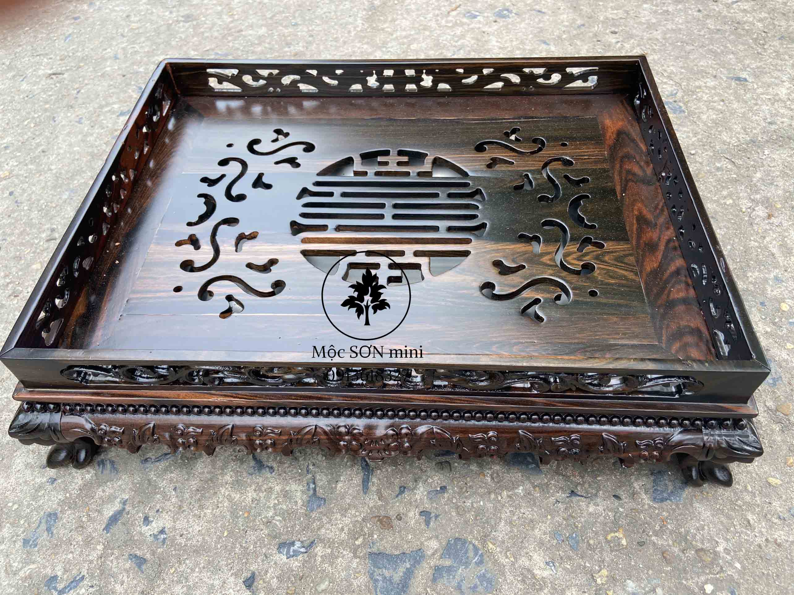 Khay trà cafe rồng gỗ mun,khay trà cao cấp khay trà hoa tinh sảo cỡ khay trà nhỏ 38x26 to 45x35