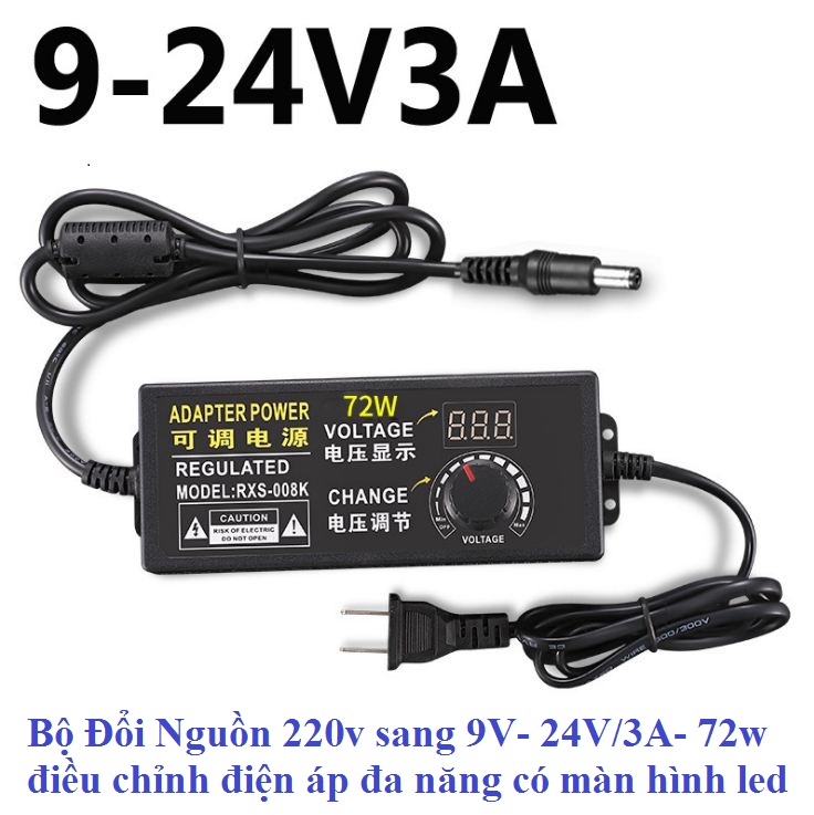 Nguồn adaptor, một chiều DC, điều chỉnh được điện áp từ 3 đến 24V, dòng 3A, công suất 72W, có led hiển thị