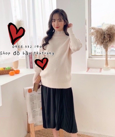 Chân váy bầu midi xếp ly lụa gân Thượng Hải - Đồ Bầu Xinh