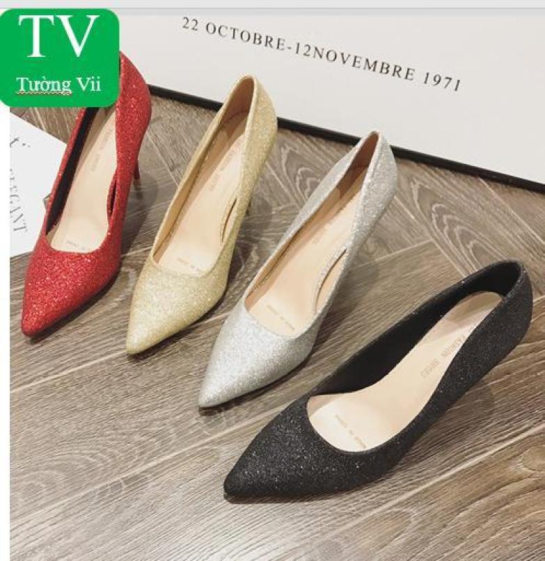 Giày búp bê cao gót Louboutin nhũ kim tuyến 9p đen giá rẻ