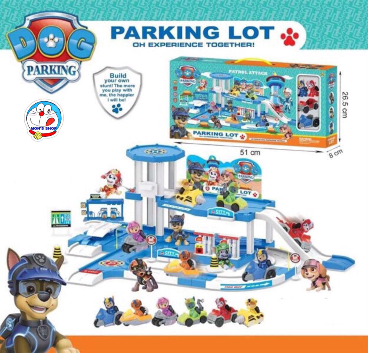 Đồ chơi chó cứu hộ, Pawpatrol, bãi đậu xe chó cứu hộ parking lot, kích thích trí thông minh, sáng tạo của trẻ, 51 chi tiết