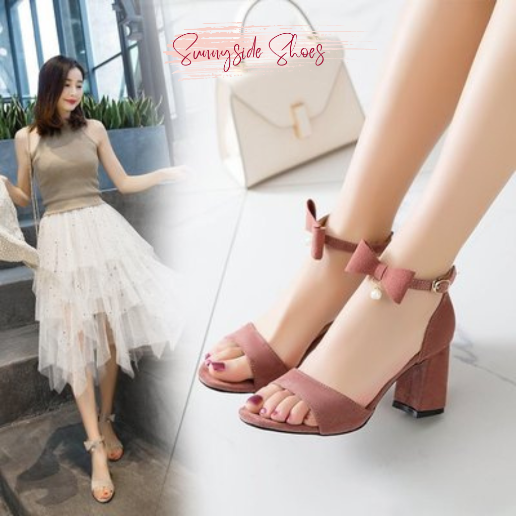 Giày sandan nữ cao gót vuông 7p quai bản chéo cổ nơ 1 hạt châu - SD23
