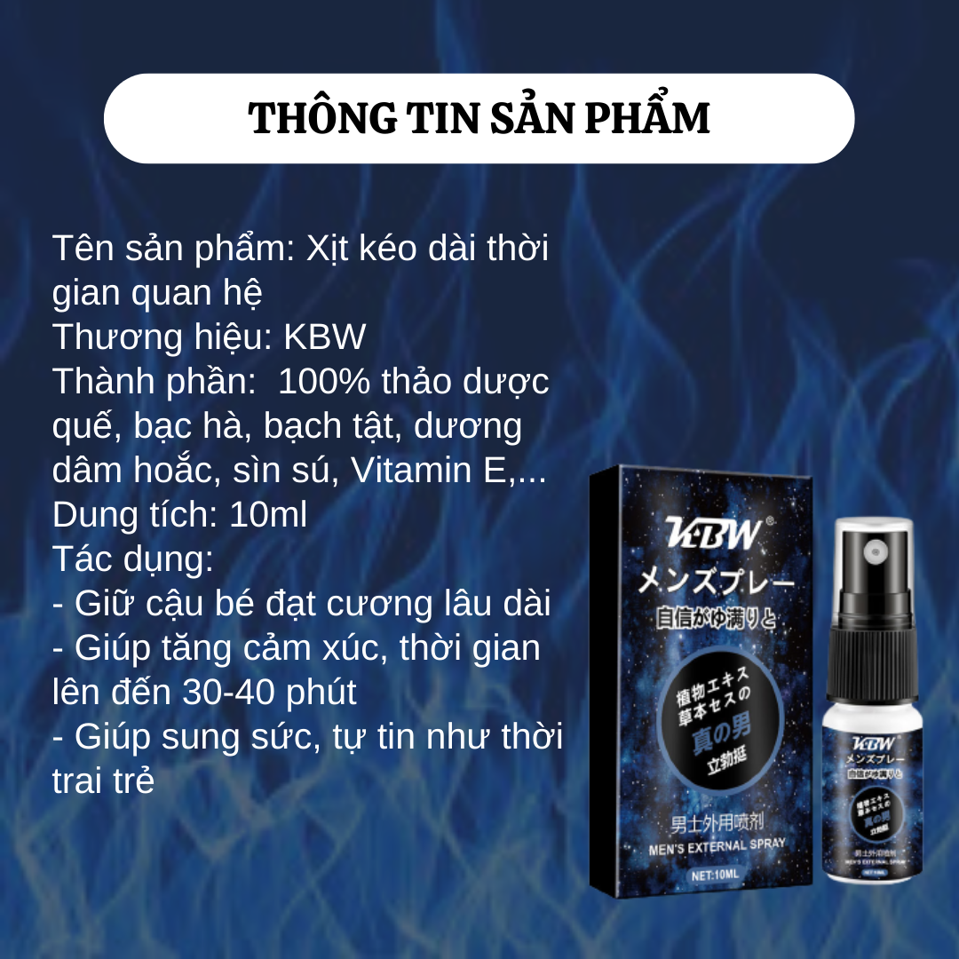 “ĐÁNH BAY” xuất sớm, thăng hoa cảm xúc với xịt KBW 10ml kéo dài  “cuộc yêu” bền bỉ gấp 2,3 lần, dứt điểm tình trạng “xuất sớm” hiệu quả cao giúp nam giới nhanh chóng lấy lại phong độ ngay từ lần đầu sử dụng