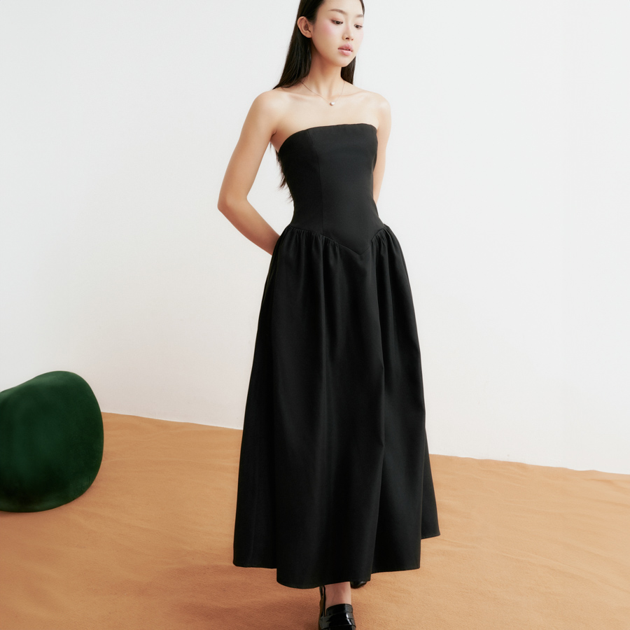 DOTTIE - Đầm midi cúp ngực - Đen - D0555