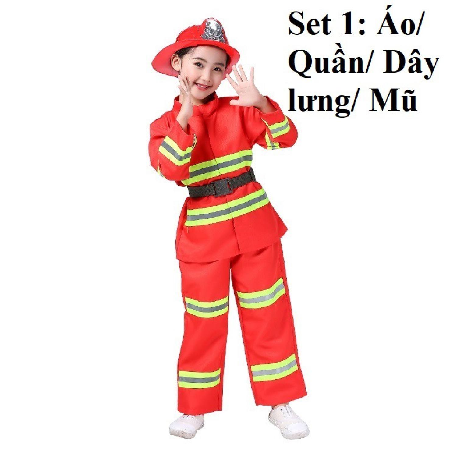 Trang phục hóa trang lính cứu hỏa cho bé trai và bé gái, bộ đồ hóa trang lính cứu hóa kèm phụ kiện
