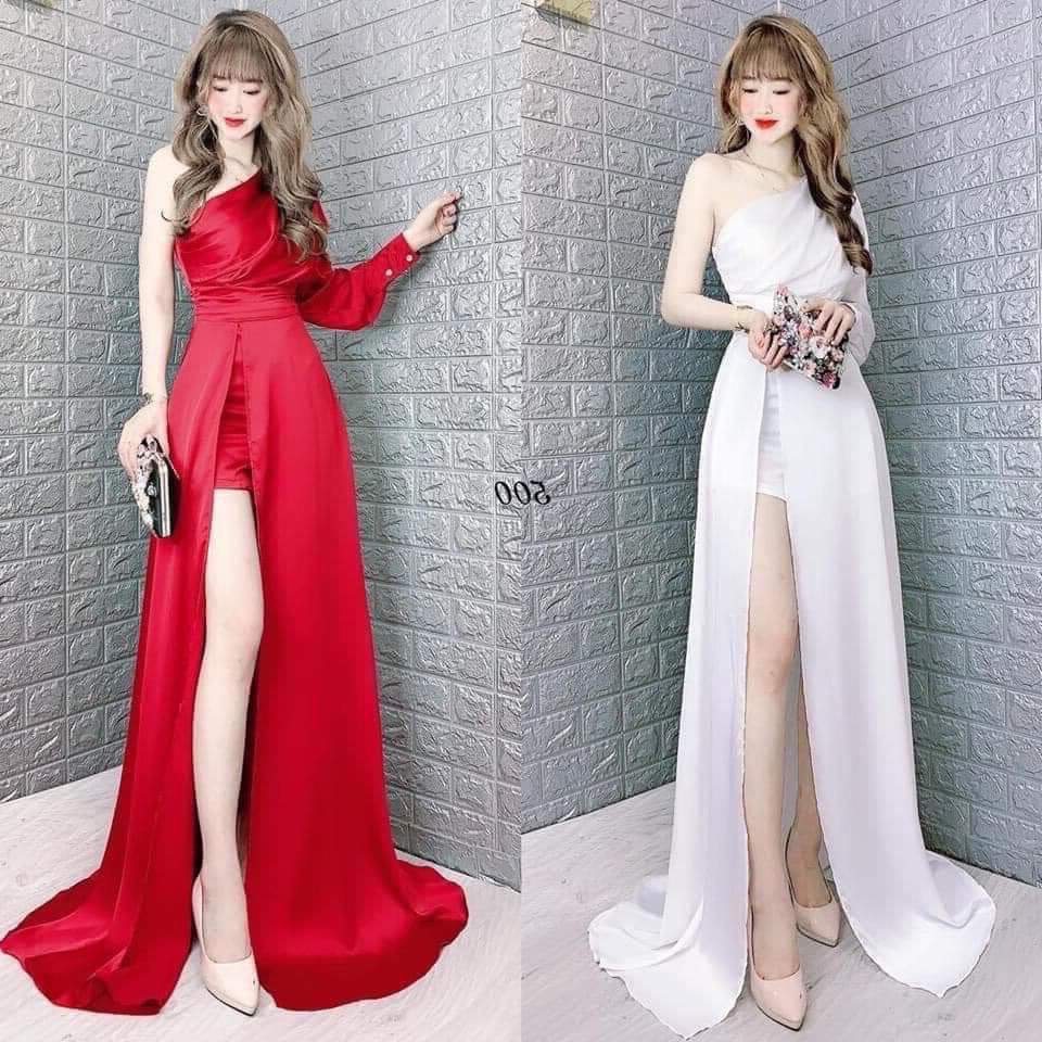 [HCM]Đầm Xòe Dự Tiệc Lệch Vai Xẻ Đùi