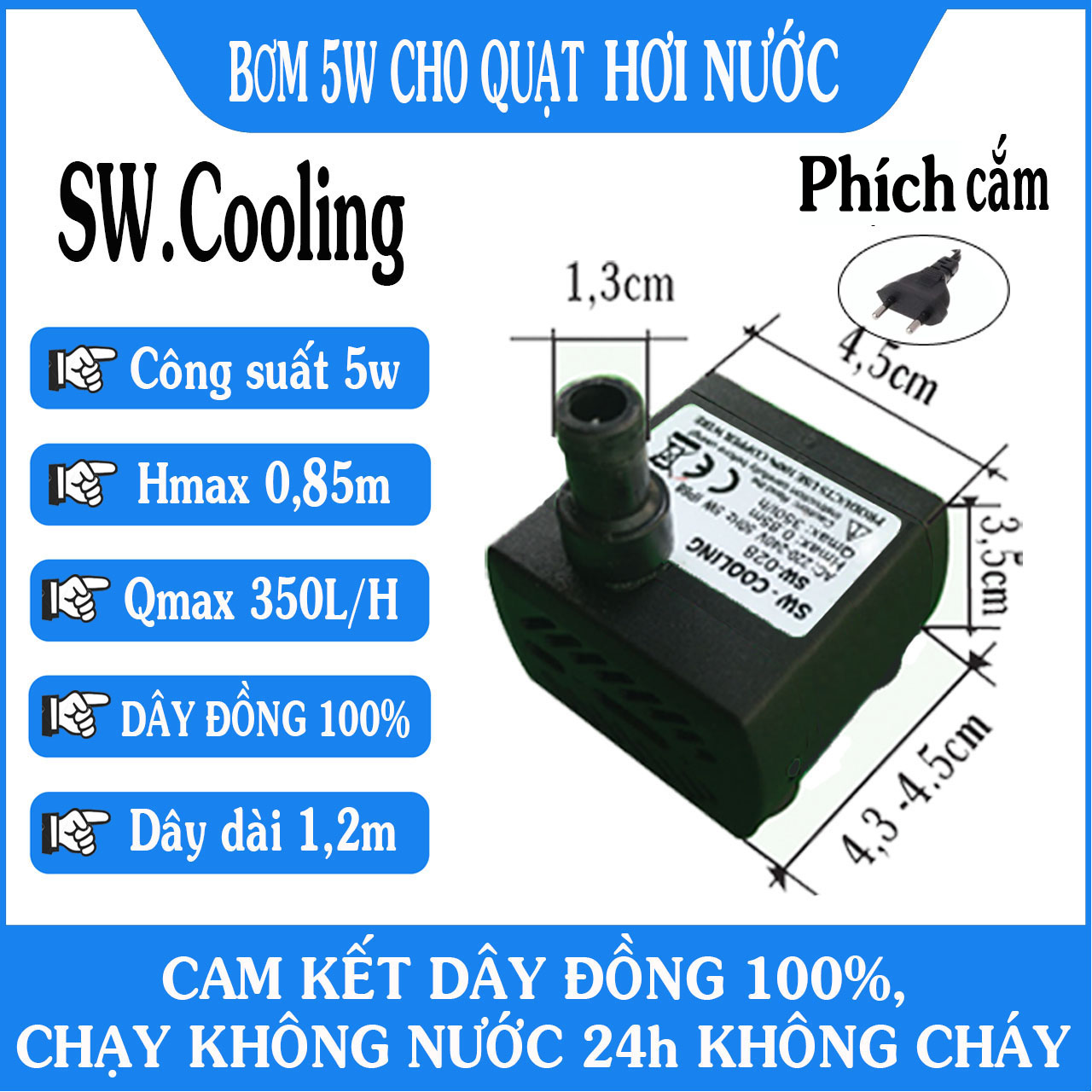 Bơm chìm mini 5w tiểu cảnh, bể cá, quạt hơi nước