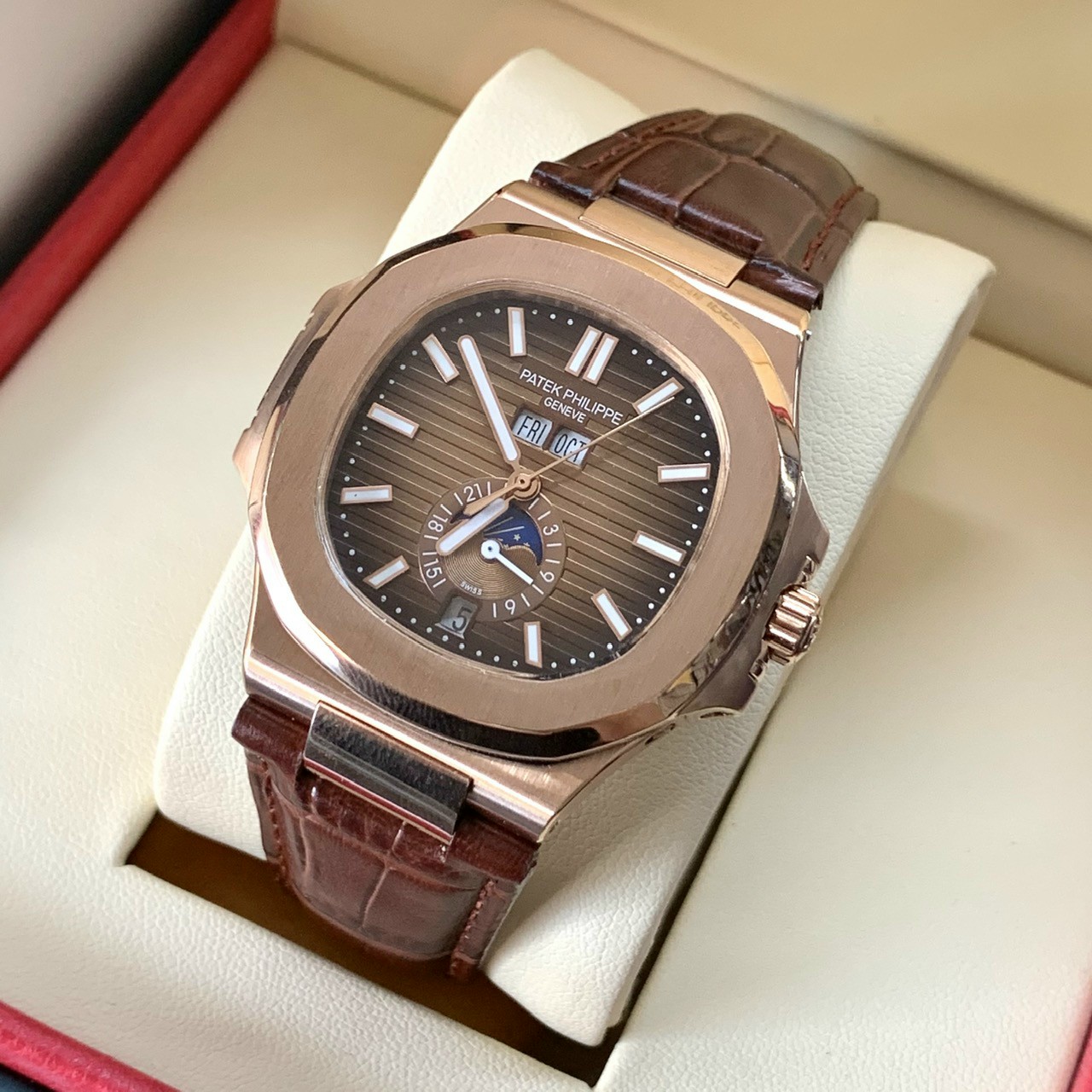 {ĐỒNG HỒ PHỐ  MUA 1 TẶNG 1 } ĐỒNG HỒ PATEK PHILLIPE NAM TỰ ĐỘNG TRĂNG SAO AUTOMATIC MẶT TRĂNG DÂY DA PATEK 2 MÀU VÀNG VÀ TRẮNG + THẺ BẢO HÀNH