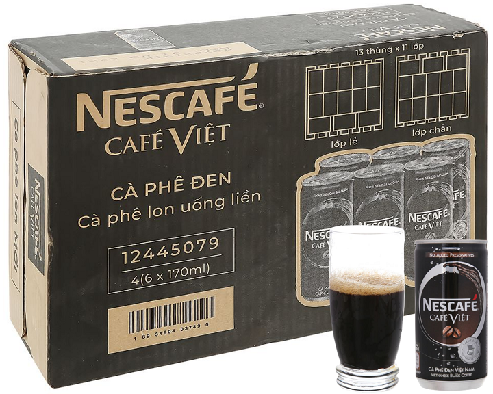 Thùng 24 lon cà phê đen nescafe cafe việt 170 ml / lốc 6 lon cà phê đen nescafé café việt 170ml