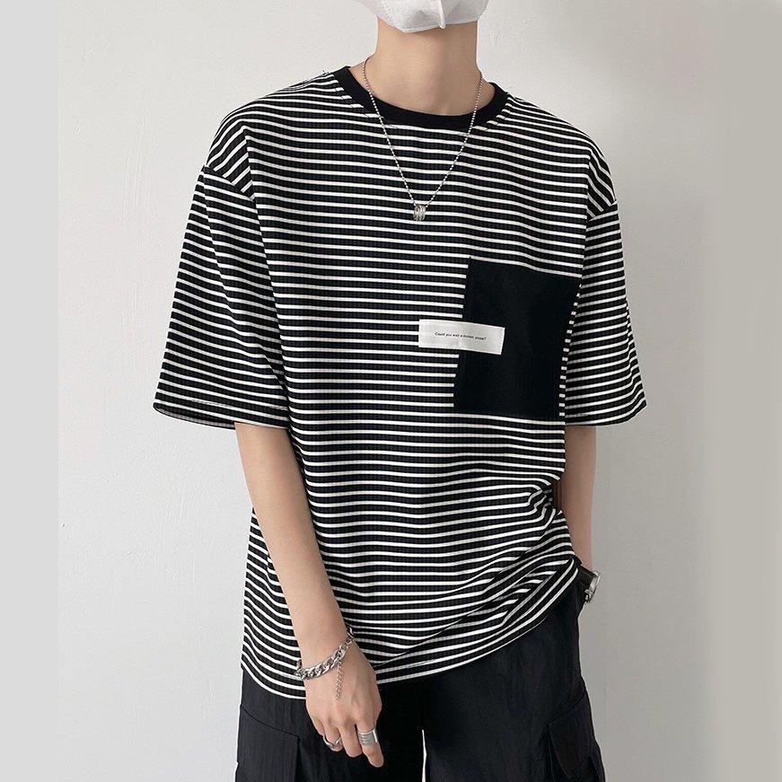 Áo thun nam unisex form rộng kẻ sọc phối túi thời trang, cá tính