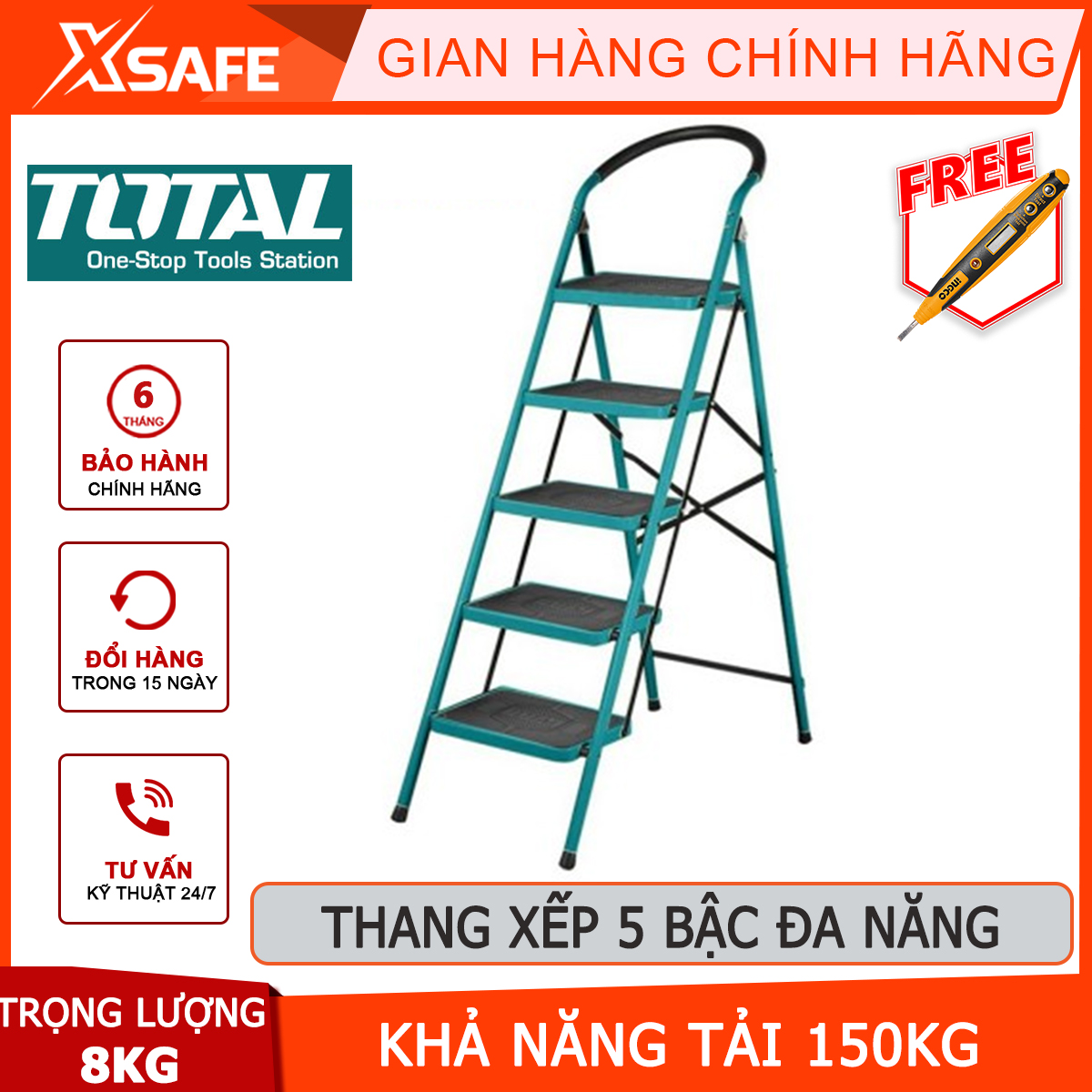 Thang xếp 5 bậc đa năng TOTAL THLAD09051 | thang xếp năm bậc thang kích thước khi mở thang 1030x490x1515mmkhả năng tải 150 kg hỗ trợ sửa chữa nhà cửa thuận tiện