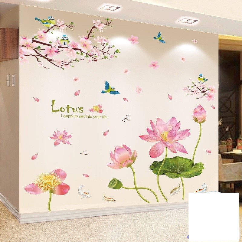 Decal dán tường tết cành đào hồng và hoa sen lotus