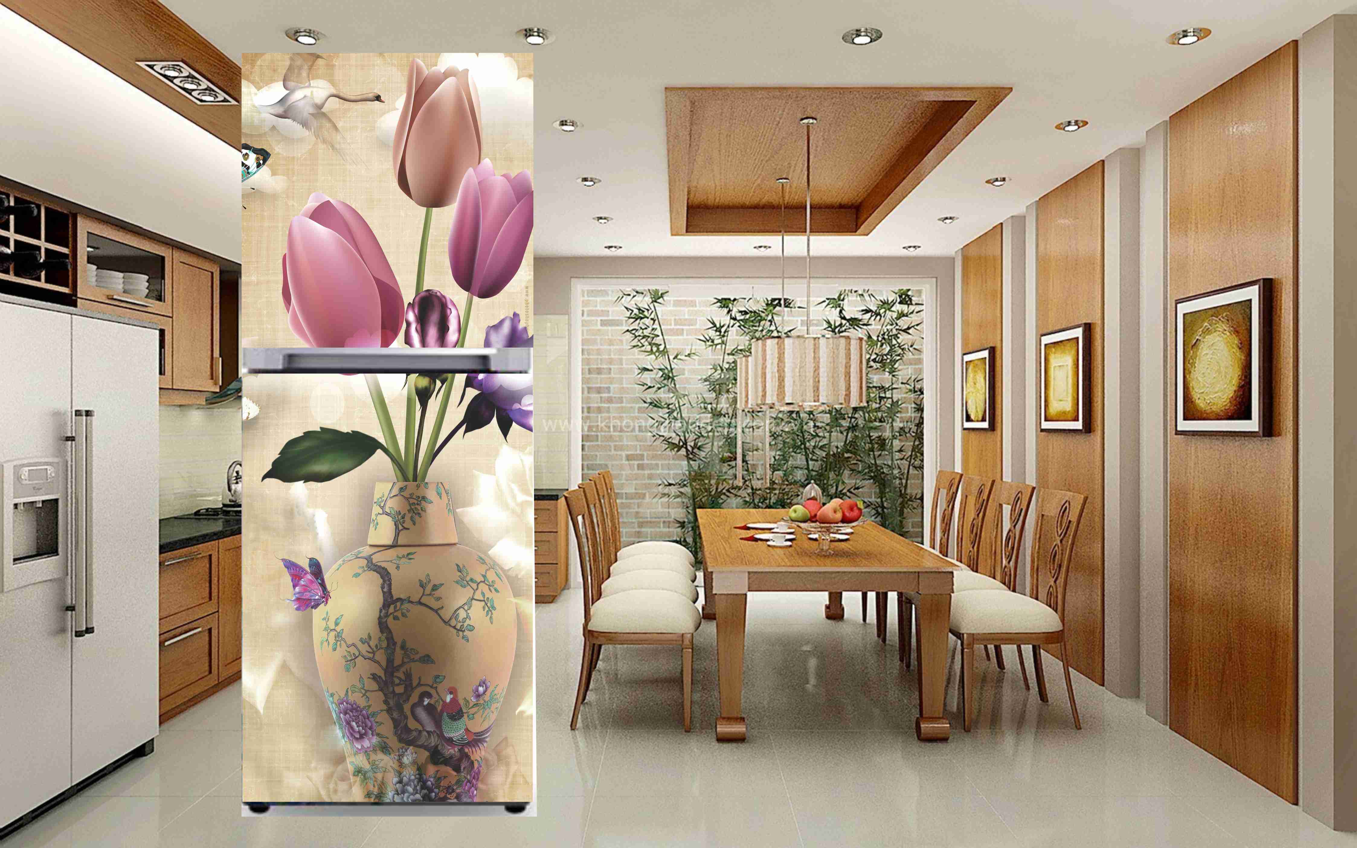 Miếng dán tủ lạnh - decal tủ lạnh mẫu lọ hoa 3D đầy đủ kích thước