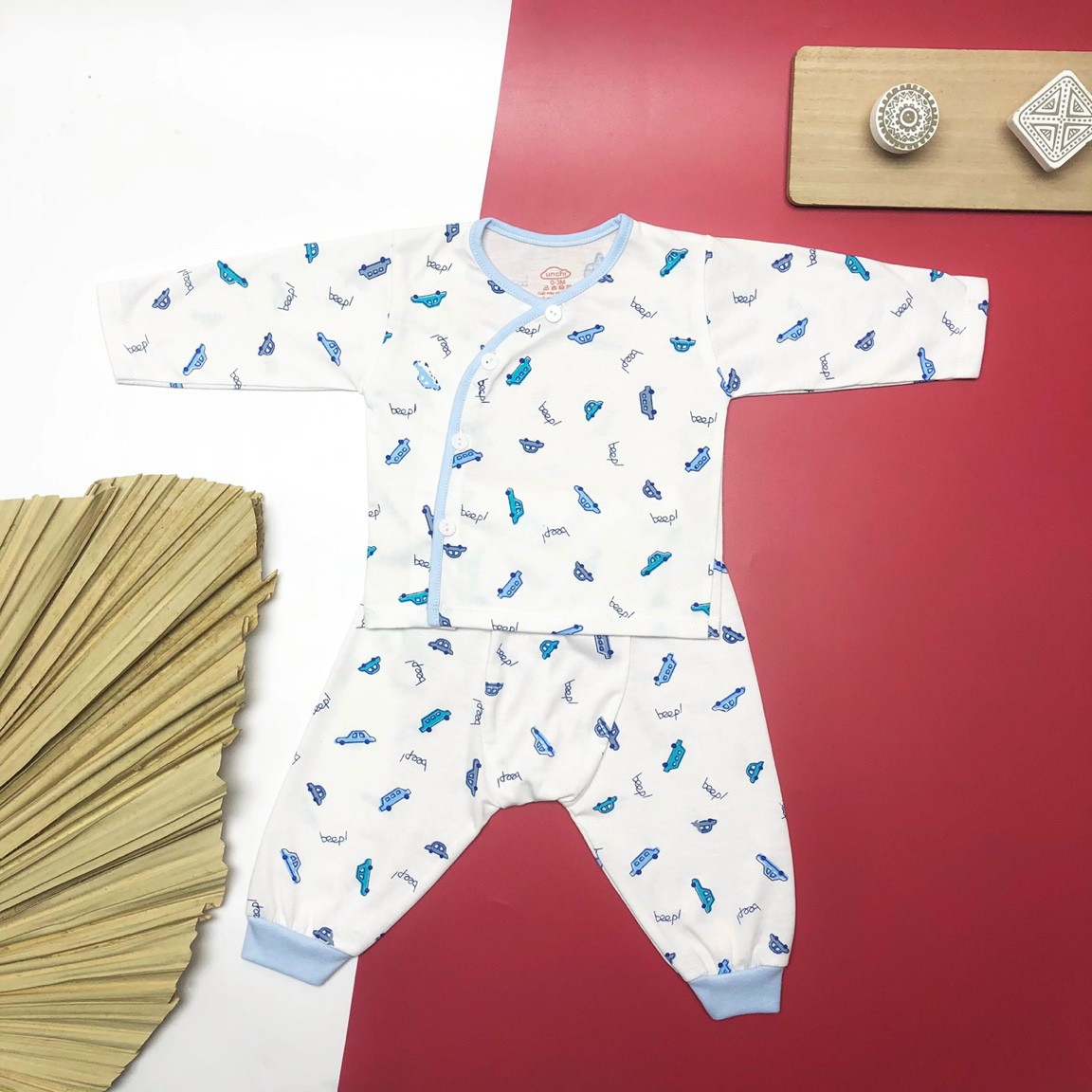 Bộ quần áo dài tay đáp đũng mẫu họa tiết, cúc lệch cho bé, quần áo sơ sinh, bộ quần áo dài tay, 5 màu cho bé lựa chọn