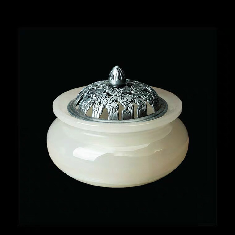 Lư đốt xông trầm đá ngọc onyx, có nắp đậy bằng đồng, đá thiên nhiên