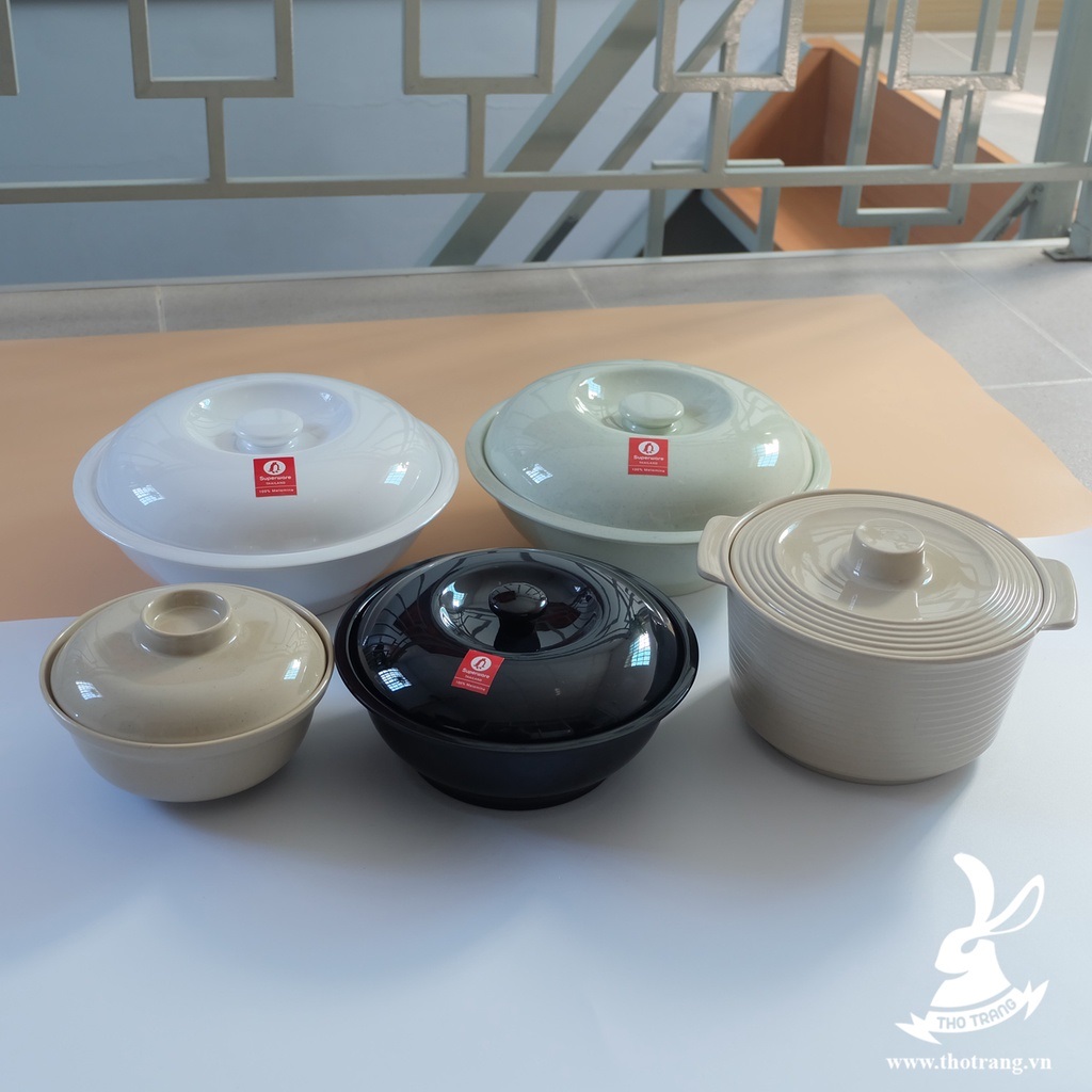 Thố cơm thố canh có nắp (xanh-đen-trắng-nâu) melamine Superware Thái Lan