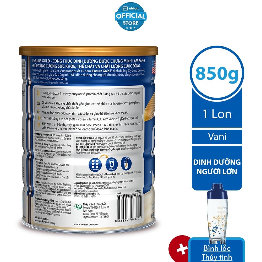 [Tặng Bình lắc Thủy tinh] Sữa bột Ensure Gold Vani 850G/lon