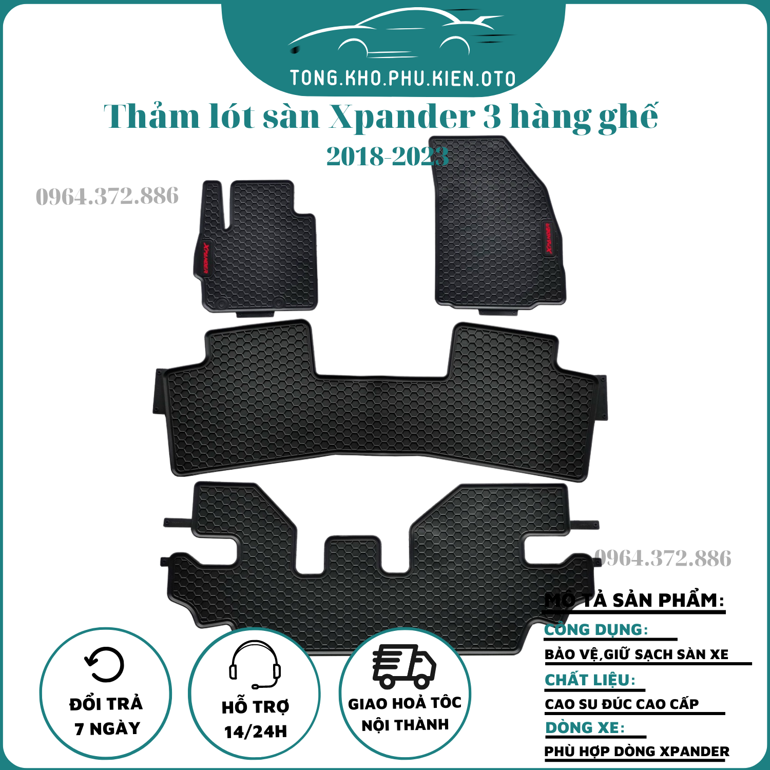 Thảm lót sàn xe mitsubishi xpander 2018-2022, 2023 loại đúc dày, 3 hàng ghế chữ đỏ tổ ong