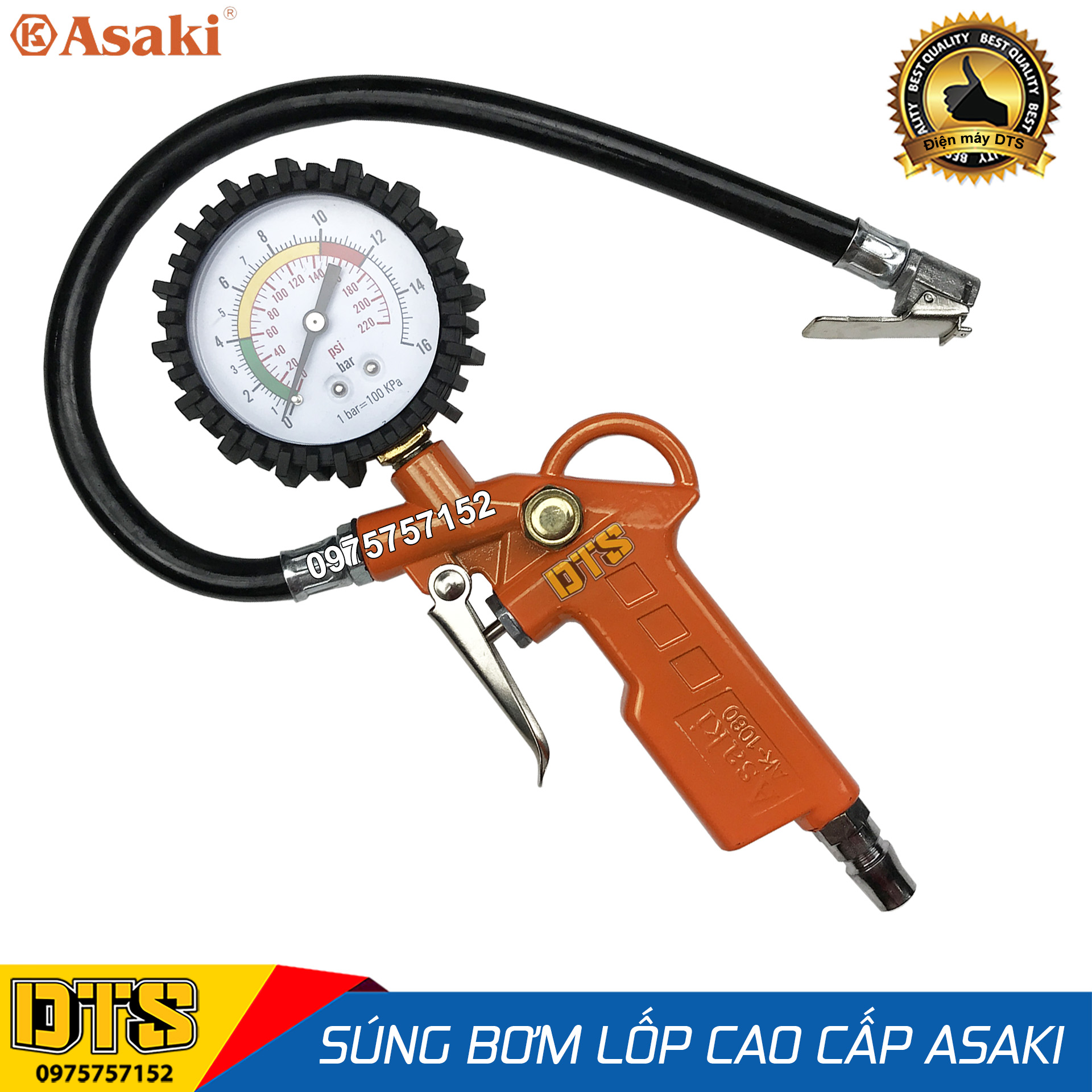 Tay bơm hơi cao cấp Asaki AK-1080, đầu vòi bơm hơi bơm lốp sử dụng cho máy khí nén có mặt đồng hồ hiển thị áp suất