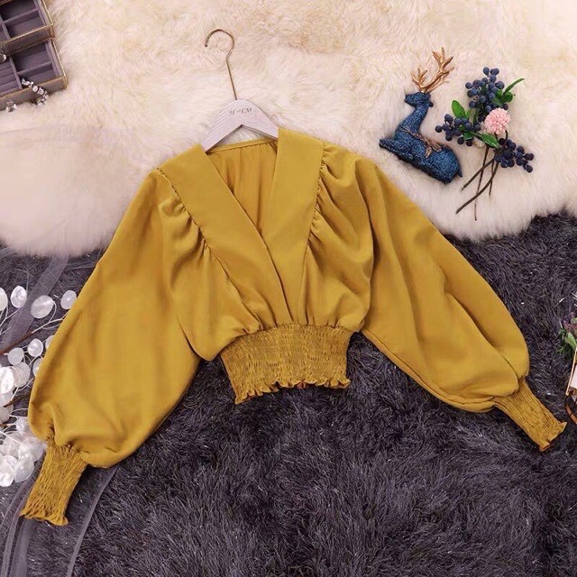 Áo kiểu croptop🍁Áo nhúm eo tay dài ống bo🍁