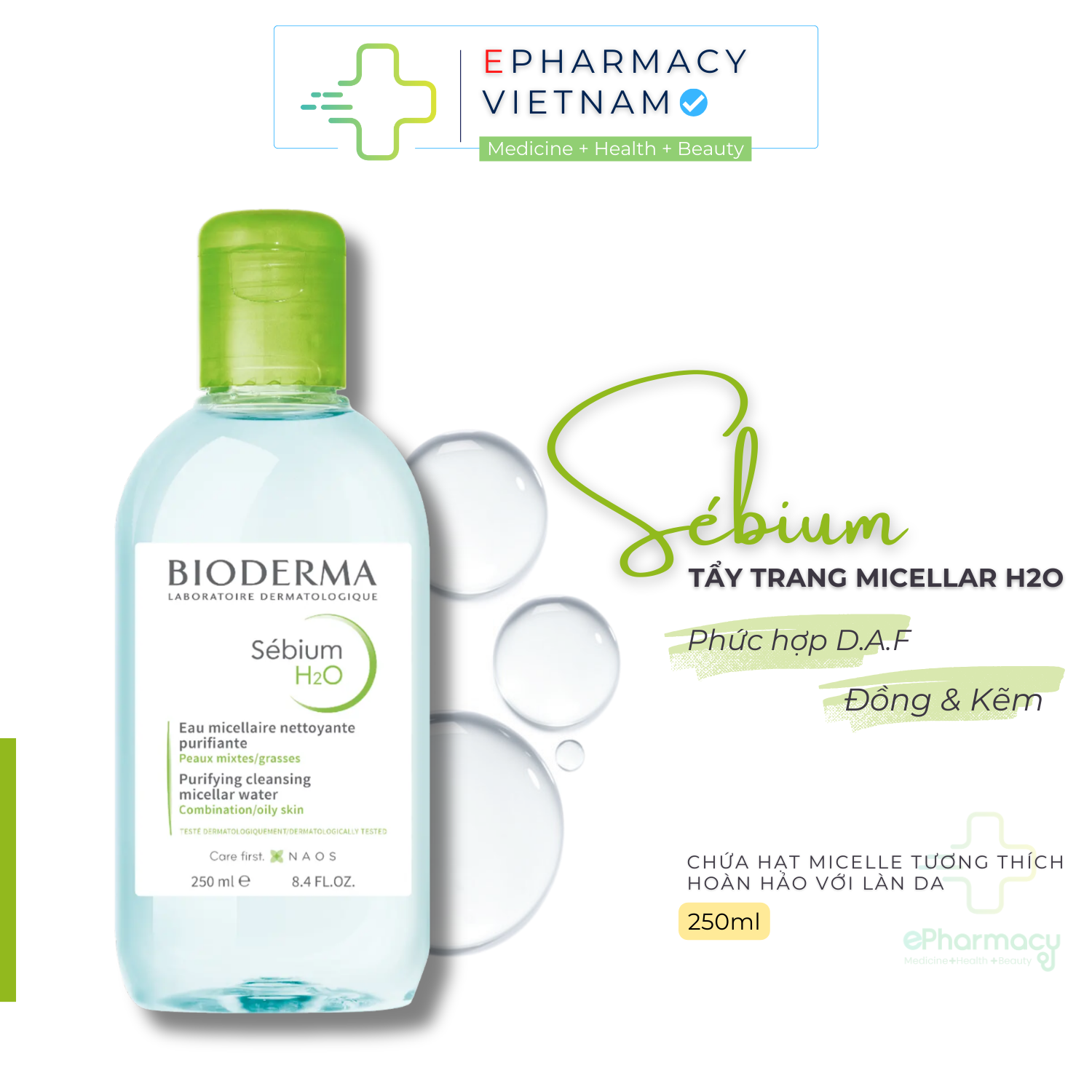 Nước tẩy trang cho da dầu mụn bioderma sebium h2o