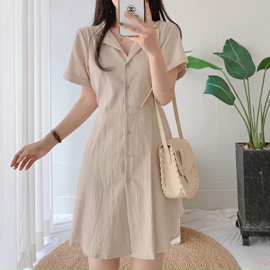 Đầm sơ mi kem nhạt thắt eo
