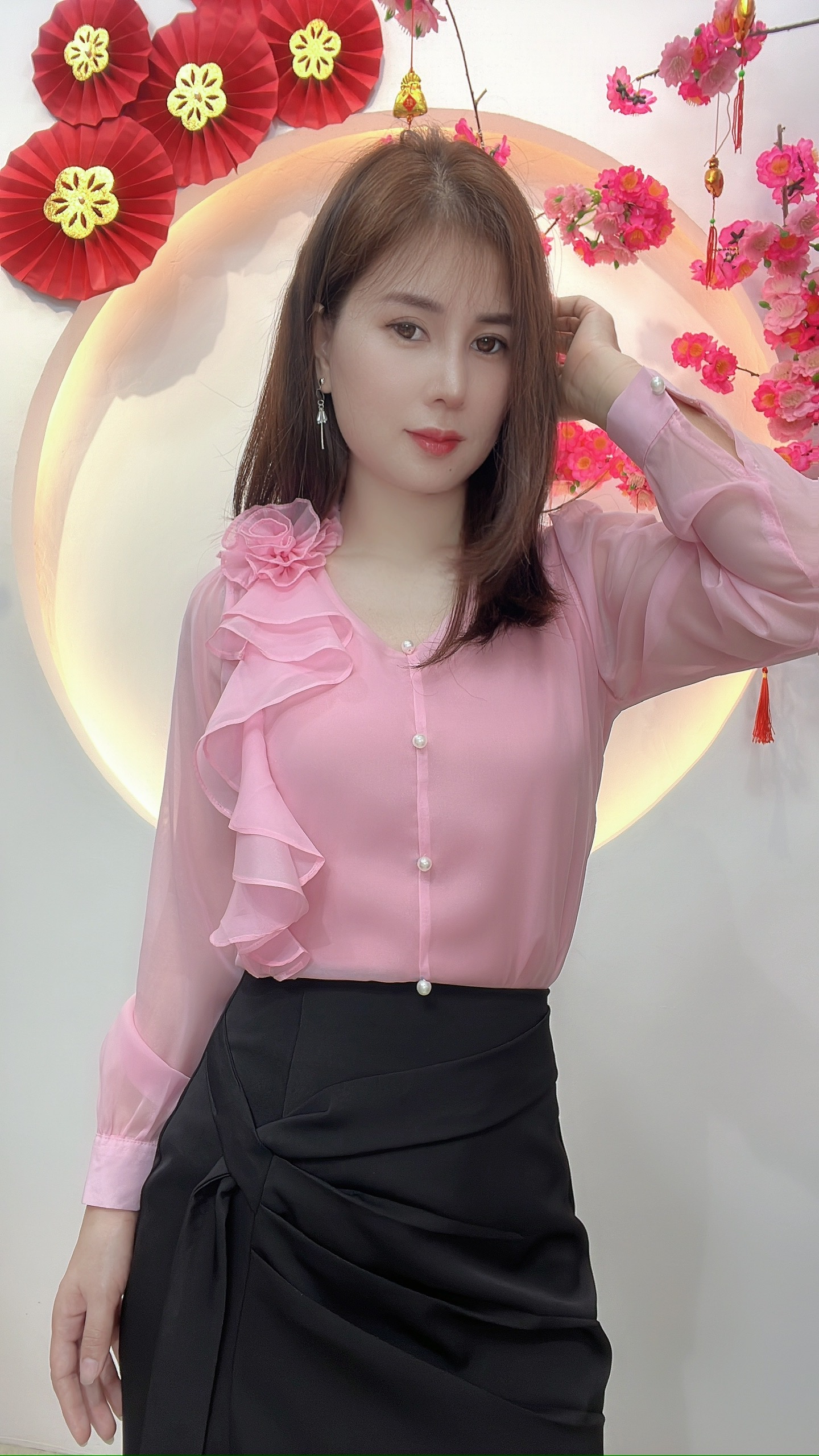 AN33- ÁO KIỂU CÔNG SỞ TAY DÀI BÈO HOA