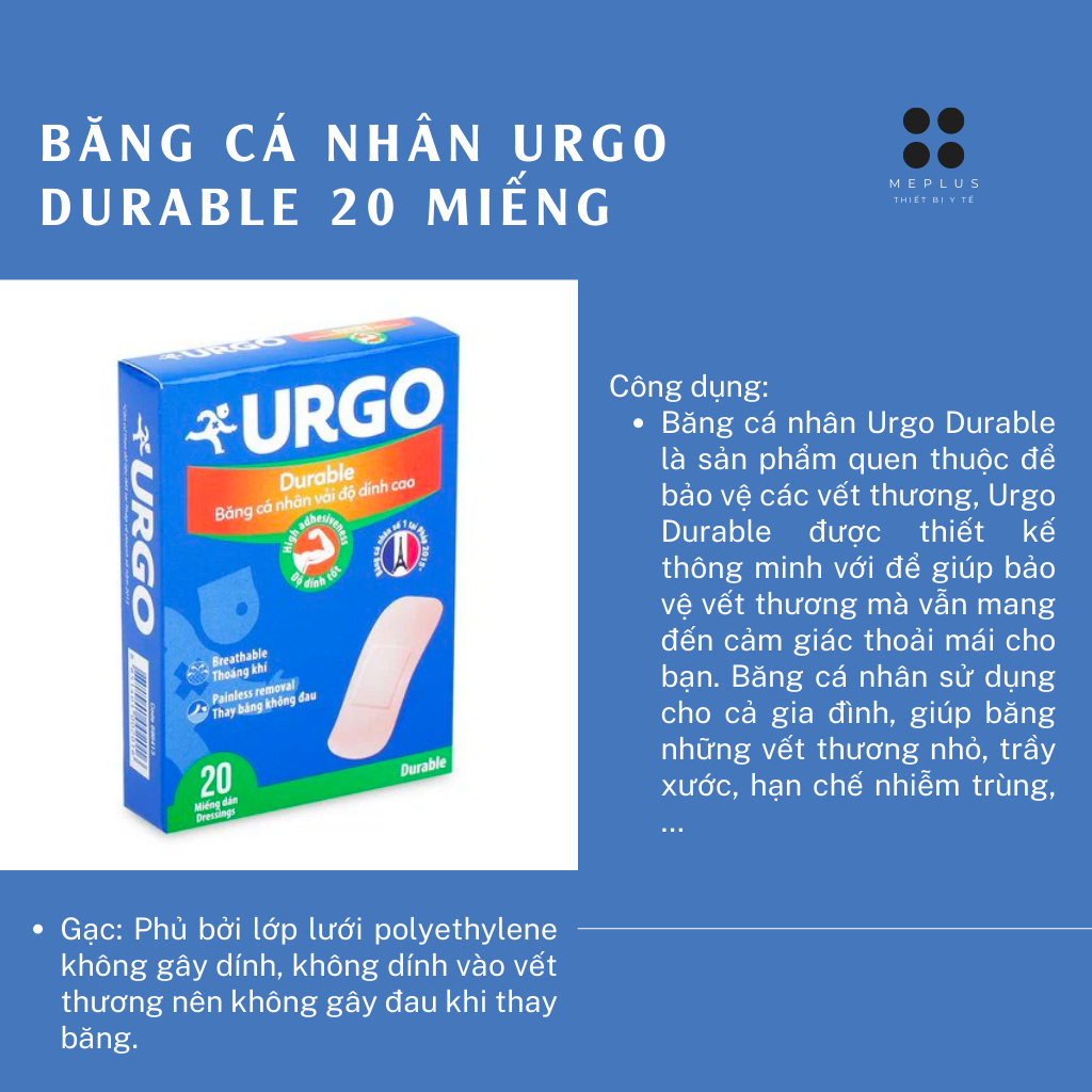 Băng cá nhân URGO Durable có độ dính cao (Hộp 20 miếng)