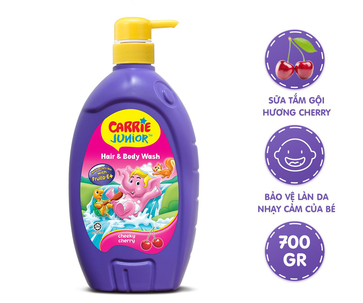 Sữa tắm gội 2in1 cho em bé Carrie Junior hương cherry, sữa và nho
