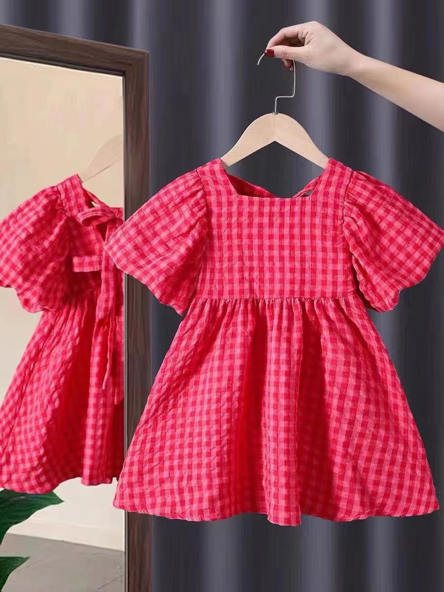 Váy bé gái kẻ đỏ hồng đậm