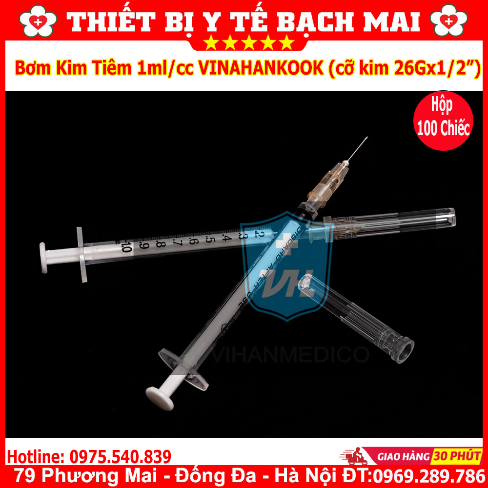 [Hộp 100] Bơm Tiêm 1ml VINAHANKOOK Đầu Kim 26G