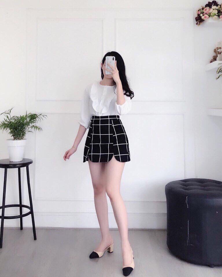 Sét bộ áo phối bèo kết hợp chân váy sọc caro thời trang TTSA0104