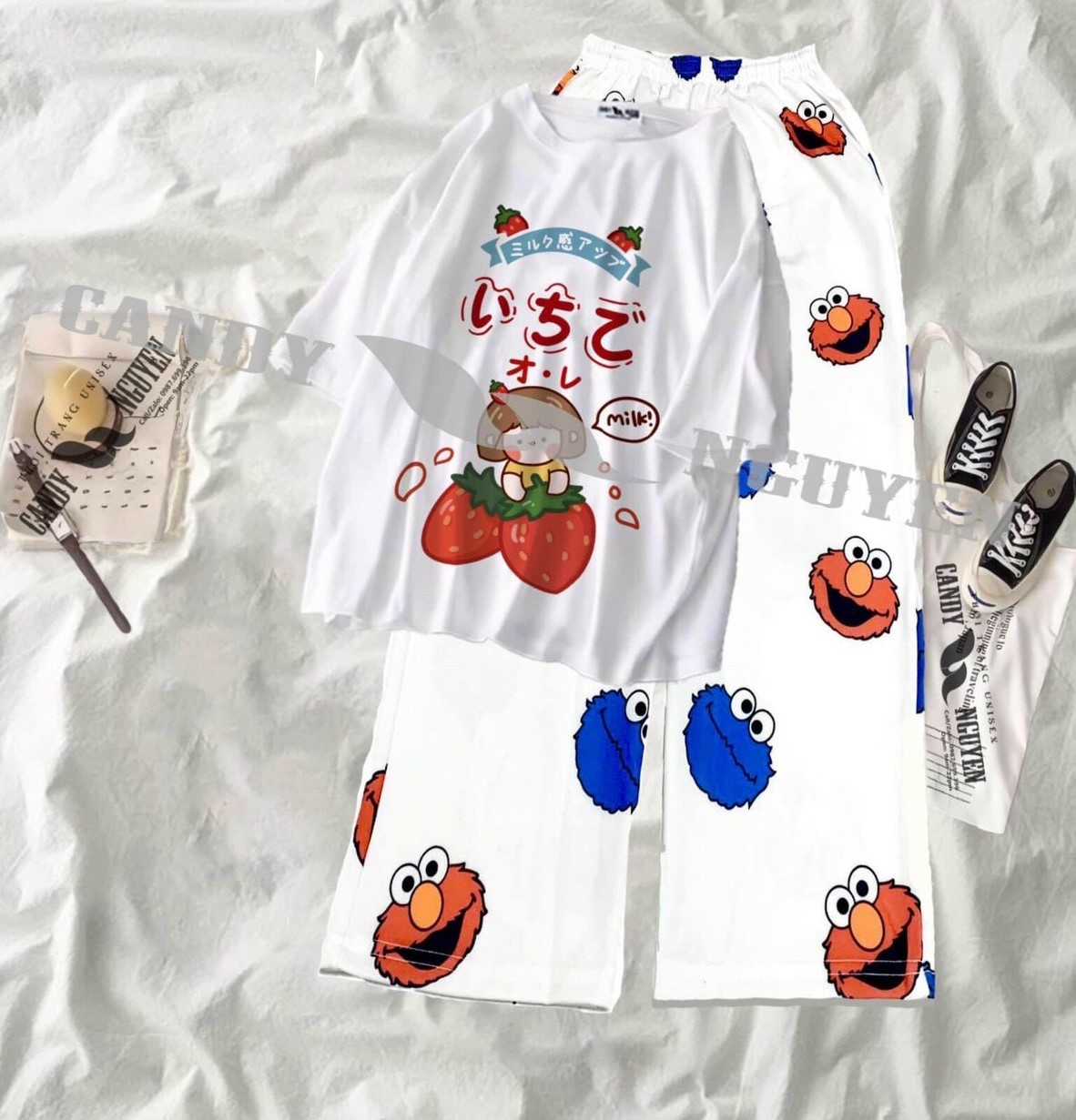 Đồ Bộ 3D Cartoon Coton Em Bé Dâu Tây Nhật Bản Cute + Quần Dài Thú Seasame Ống Rộng Hot Trend Hàn Quốc Xinh Xắn , Đồ Bộ Đẹp , Đồ Bộ Hoạt Hình Dễ Thương TTSLB0162