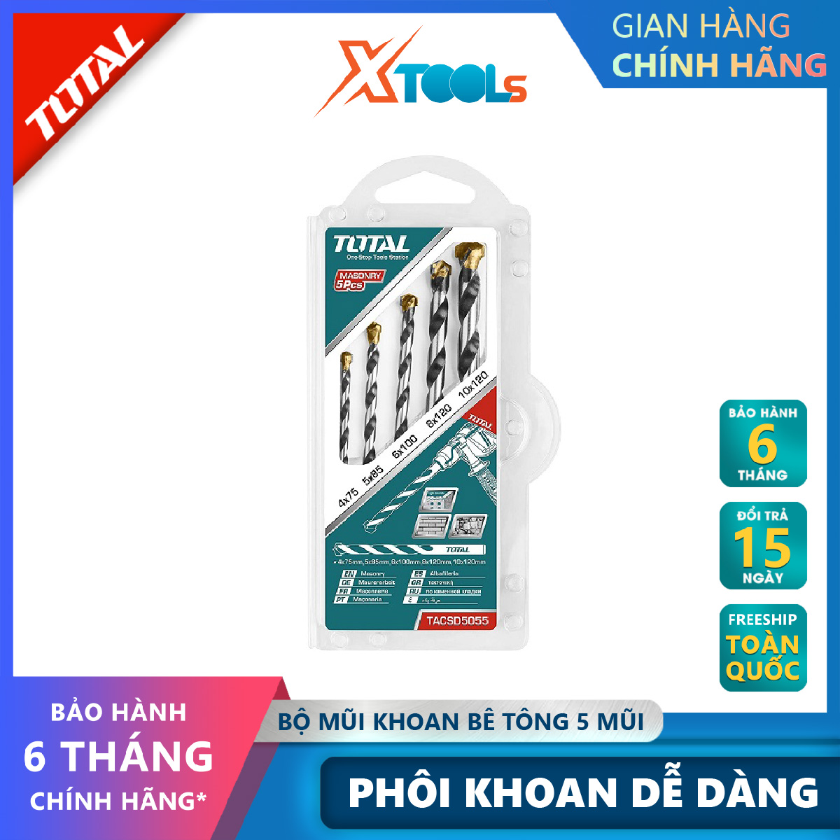 Set 5 drill concrete Total TACSD5055 combo 5 tip chisel concrete cover 5 size help support support hole on the surface materials such as iron, steel, wood, concrete [xsafe] [XTools]