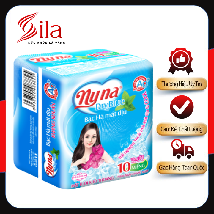 Băng vệ sinh nyna dryblue lốc 8 gói màu xanh - bvs có cánh ban ngày siêu thấm khô thoáng, hương bạc hà mát dịu