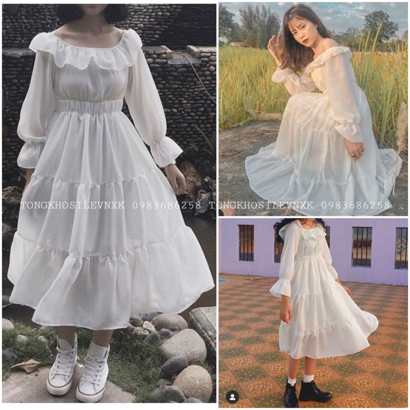 Nơi bán VÁY TIỂU THƯ TRẮNG TRỄ VAI HOẶC CỔ VUÔNG VINTAGE - ĐẦM XÒE 2 LỚP MẶC NHIỀU KIỂU HOT