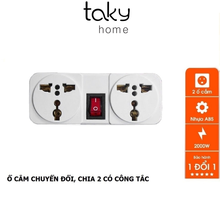 Ổ Cắm Chia 2 Ổ Kèm Công Tắc, Chuyển Từ 1 Ổ Sang 2 Ổ 3 Chấu, Công Suất 2000W, ABS chống cháy - TakyHome 8606